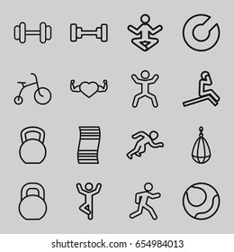 Exercise icons set. set of 16 exercise outline icons such as child bicycle, barbell, heart with muscles, running, squat, kettle bell, expander sport, volleyball