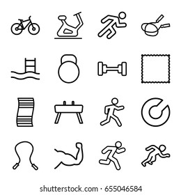 Exercise icons set. set of 16 exercise outline icons such as barbell, jump rope, exercise bike, carpet, muscle, running, kettle, gymnastic apparatus, bicycle, expander sport
