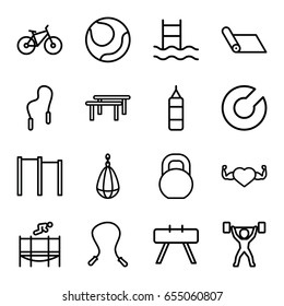 Exercise icons set. set of 16 exercise outline icons such as heart with muscles, barbell, trampoline, skipping rope, bicycle, power lifter, expander sport, horizontal bar