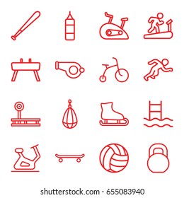 Exercise icons set. set of 16 exercise outline icons such as child bicycle, exercise bike, barbell, gymnastic apparatus, running, baseball bat, volleyball, fintess equipment
