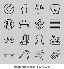 Exercise icons set. set of 16 exercise outline icons such as towels, bicycle, running, gymnastic apparatus, skipping rope, exercise bike, baseball, sport expander