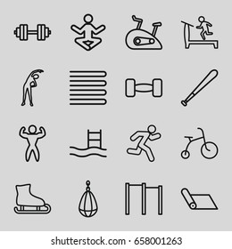 Exercise icons set. set of 16 exercise outline icons such as towels, child bicycle, exercising, treadmill, running, bodybuilder, barbell, exercise bike, baseball bat