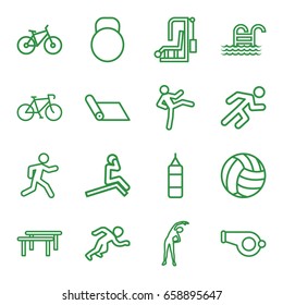 Exercise icons set. set of 16 exercise outline icons such as exercising, running, pool ladder, kettle, bicycle, volleyball, boxing bag, horizontal bar, man doing exercises