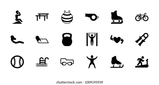 Exercise icons. set of 18 editable filled exercise icons: sport expander, horizontal bar, man on treadmill, whistle, abdoninal workout, bicycle, baseball, pool ladder
