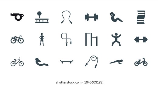 Exercise icons. set of 18 editable filled exercise icons: child bicycle, skipping rope, skating, fitness carpet, barbell, squat, abdoninal workout, bicycle, barbell   isolated