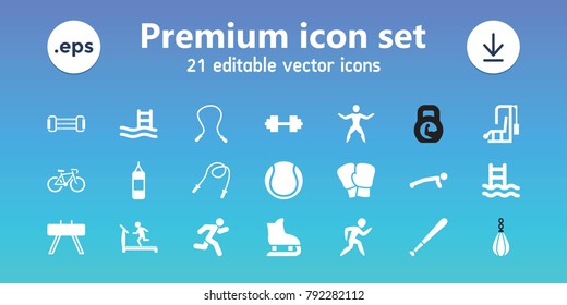Exercise icons. set of 21 editable filled exercise icons includes treadmill, skipping rope, pool ladder, boxing bag, boxing gloves, fintess equipment, man doing exercises