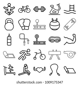 Exercise icons. set of 25 editable outline exercise icons such as child bicycle, treadmill, exercise bike, skipping rope, pool ladder, bicycle, fintess equipment, boxing bag