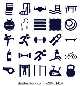 Exercise icons set. set of 25 exercise filled icons such as towels, barbell, carpet, heart with muscles, bar   tightening, running, skipping rope, exercise bike, bicycle