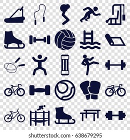 Exercise icons set. set of 25 exercise filled icons such as barbell, jump rope, treadmill, squat, bicycle, trampoline, skipping rope, running, barbell   isolated, volleyball