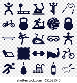 Exercise icons set. set of 25 exercise filled icons such as child bicycle, jump rope, exercise bike, carpet, muscle, squat, barbell, running, barbell   isolated, volleyball