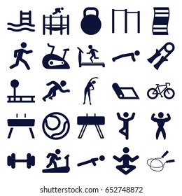 Exercise icons set. set of 25 exercise filled icons such as exercising, treadmill, jump rope, barbell, push up, running, trampoline, bodybuilder, kettle, gymnastic apparatus