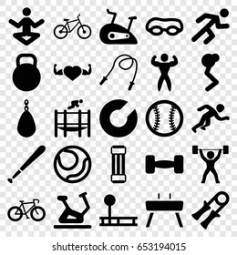 Exercise icons set. set of 25 exercise filled icons such as exercise bike, heart with muscles, running, trampoline, bodybuilder, barbell, kettle, gymnastic apparatus, bicycle