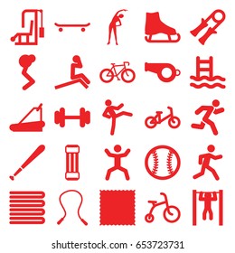 Exercise icons set. set of 25 exercise filled icons such as towels, child bicycle, exercising, carpet, barbell, treadmill, running, bar   tightening, squat, baseball