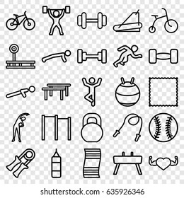 Exercise icons set. set of 25 exercise outline icons such as child bicycle, exercising, barbell, carpet, treadmill, heart with muscles, push up, gymnastic apparatus, bicycle