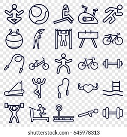 Exercise icons set. set of 25 exercise outline icons such as child bicycle, exercising, treadmill, barbell, heart with muscles, push up, bar   tightening, bicycle, running