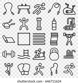 Exercise icons set. set of 25 exercise outline icons such as towels, jump rope, carpet, barbell, running, squat, pool ladder, gymnastic apparatus, skipping rope, exercise bike
