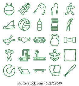 Exercise icons set. set of 25 exercise outline icons such as exercising, jump rope, carpet, treadmill, heart with muscles, running, bodybuilder, barbell, skipping rope