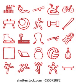 Exercise icons set. set of 25 exercise outline icons such as carpet, push up, running, abdoninal workout, bicycle, barbell, pool ladder, gymnastic apparatus, exercise bike