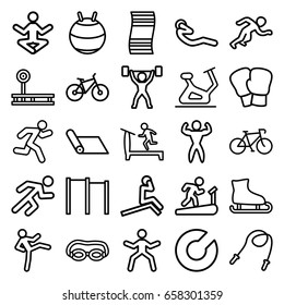 Exercise icons set. set of 25 exercise outline icons such as treadmill, exercise bike, abdoninal workout, running, bodybuilder, bicycle, power lifter, skipping rope