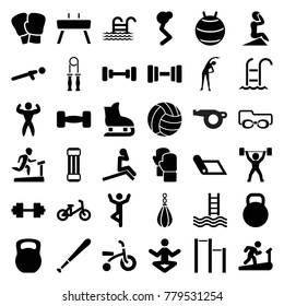 Exercise icons. set of 36 editable filled exercise icons such as child bicycle, exercising, barbell, expander sport, boxing gloves, fit ball, man doing exercises