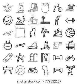 Exercise icons. set of 36 editable outline exercise icons such as child bicycle, exercising, barbell, exercise bike, fintess equipment, fit ball, volleyball