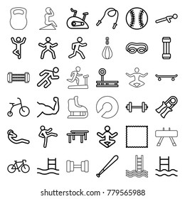 Exercise icons. set of 36 editable outline exercise icons such as child bicycle, carpet, pool ladder, barbell, expander sport, bicycle, skipping rope, sport expander