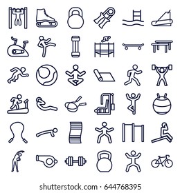 Exercise icons set. set of 36 exercise outline icons such as exercising, jump rope, treadmill, running, bar   tightening, squat, abdoninal workout, barbell, trampoline