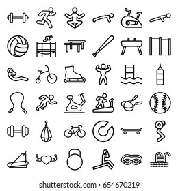 Exercise icons set. set of 36 exercise outline icons such as child bicycle, jump rope, exercise bike, barbell, treadmill, heart with muscles, push up, abdoninal workout