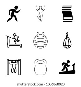 Exercise icons. set of 9 editable filled and outline exercise icons such as man on treadmill, treadmill, boxing bag, bar   tightening, fitness carpet, kettle bell, fit ball