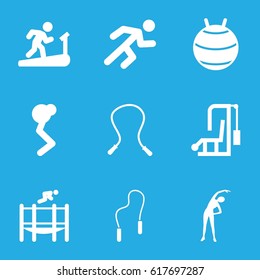 Exercise icons set. set of 9 exercise filled icons such as exercising, running, trampoline, skipping rope, fit ball, man doing exercises, man on treadmill