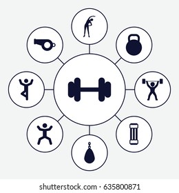 Exercise icons set. set of 9 exercise filled icons such as exercising, barbell, squat, kettle, power lifter, expander sport, man doing exercises, boxing bag