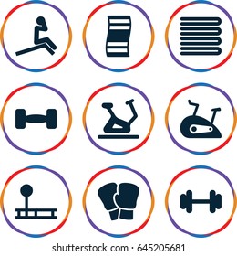 Exercise icons set. set of 9 exercise filled icons such as towels, exercise bike, barbell, fintess equipment, boxing gloves, man doing exercises