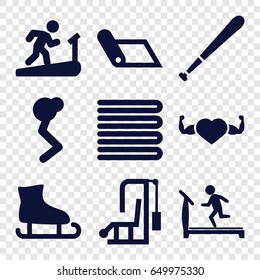 Exercise icons set. set of 9 exercise filled icons such as towels, treadmill, heart with muscles, baseball bat, man doing exercises, man on treadmill, carpet, gym equipment
