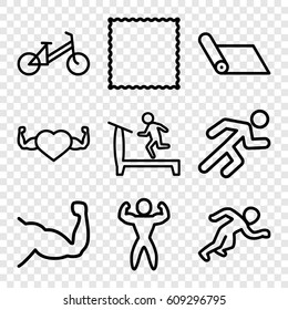 Exercise icons set. set of 9 exercise outline icons such as child bicycle, treadmill, carpet, muscle, heart with muscles, running