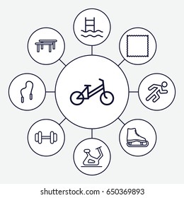 Exercise icons set. set of 9 exercise outline icons such as child bicycle, exercise bike, carpet, barbell, running, skipping rope, horizontal bar, swimming ladder