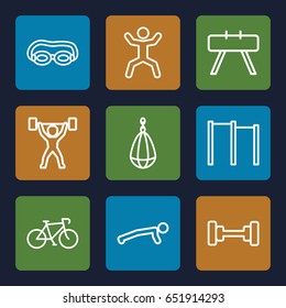 Exercise icons set. set of 9 exercise outline icons such as barbell, squat, power lifter, bicycle, horizontal bar, fintess equipment, man doing exercises, swimming glasses