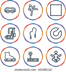 Exercise icons set. set of 9 exercise outline icons such as carpet, skipping rope, expander sport, fintess equipment, man doing exercises, yoga, swimming glasses