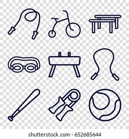Exercise icons set. set of 9 exercise outline icons such as child bicycle, gymnastic apparatus, baseball bat, skipping rope, sport expander, volleyball, horizontal bar