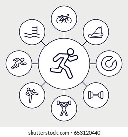 Exercise icons set. set of 9 exercise outline icons such as barbell, treadmill, bicycle, running, power lifter, expander sport, man doing exercises