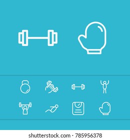 Exercise icons set with athlete, boxing glove and dumbbell elements. Set of exercise icons and weight concept. Editable vector elements for logo app UI design.