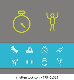 Exercise icons set with barbell, dumbbell and swimming elements. Set of exercise icons and activity concept. Editable vector elements for logo app UI design.