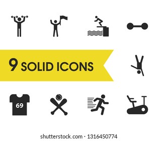 Exercise icons set with baseball, t-shirt and runner elements. Set of exercise icons and dumbbell concept. Editable vector elements for logo app UI design.