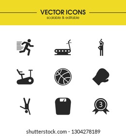 Exercise icons set with bike trail, treadmill and runner elements. Set of exercise icons and knockout concept. Editable vector elements for logo app UI design.