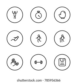 Exercise icons set with bodybuilding, scales and barbell elements. Set of exercise icons and kickboxing concept. Editable vector elements for logo app UI design.