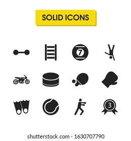 Exercise icons set with boxing glove, ping pong and flippers elements. Set of exercise icons and dive shoe concept. Editable vector elements for logo app UI design.
