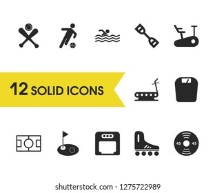 Exercise icons set with boxing helmet, football field and footballer elements. Set of exercise icons and stadium concept. Editable vector elements for logo app UI design.