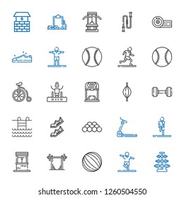 exercise icons set. Collection of exercise with dumbbell, stretching, ball, barbell, well, treadmill, shoes, swimming pool, punching ball. Editable and scalable exercise icons.