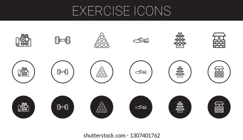 exercise icons set. Collection of exercise with gym, dumbbell, pool, shoes, well. Editable and scalable exercise icons.