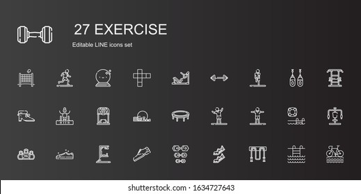 exercise icons set. Collection of exercise with jumping rope, shoes, dumbbell, shoe, gym station, sneakers, kettlebell, stretching, trampoline. Editable and scalable exercise icons.