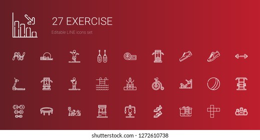 exercise icons set. Collection of exercise with pool, shoes, gym station, well, bicycle, trampoline, dumbbell, swimming pool, gym, treadmill. Editable and scalable exercise icons.